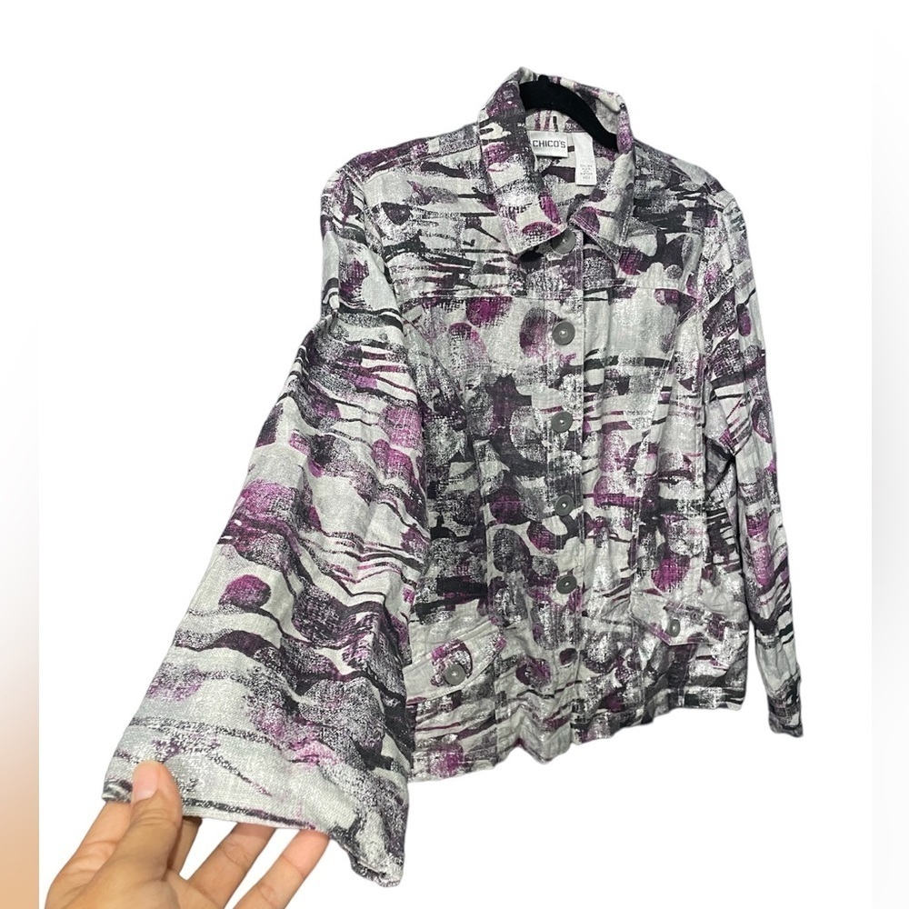 Chicos Women's Size 2 (med) Purple Gray Silver Metallic 100%Linen Jacket Blazer - Picture 13 of 17